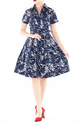 Japanese Plum Blossoms Anna Shirtdress - Midnight Blue