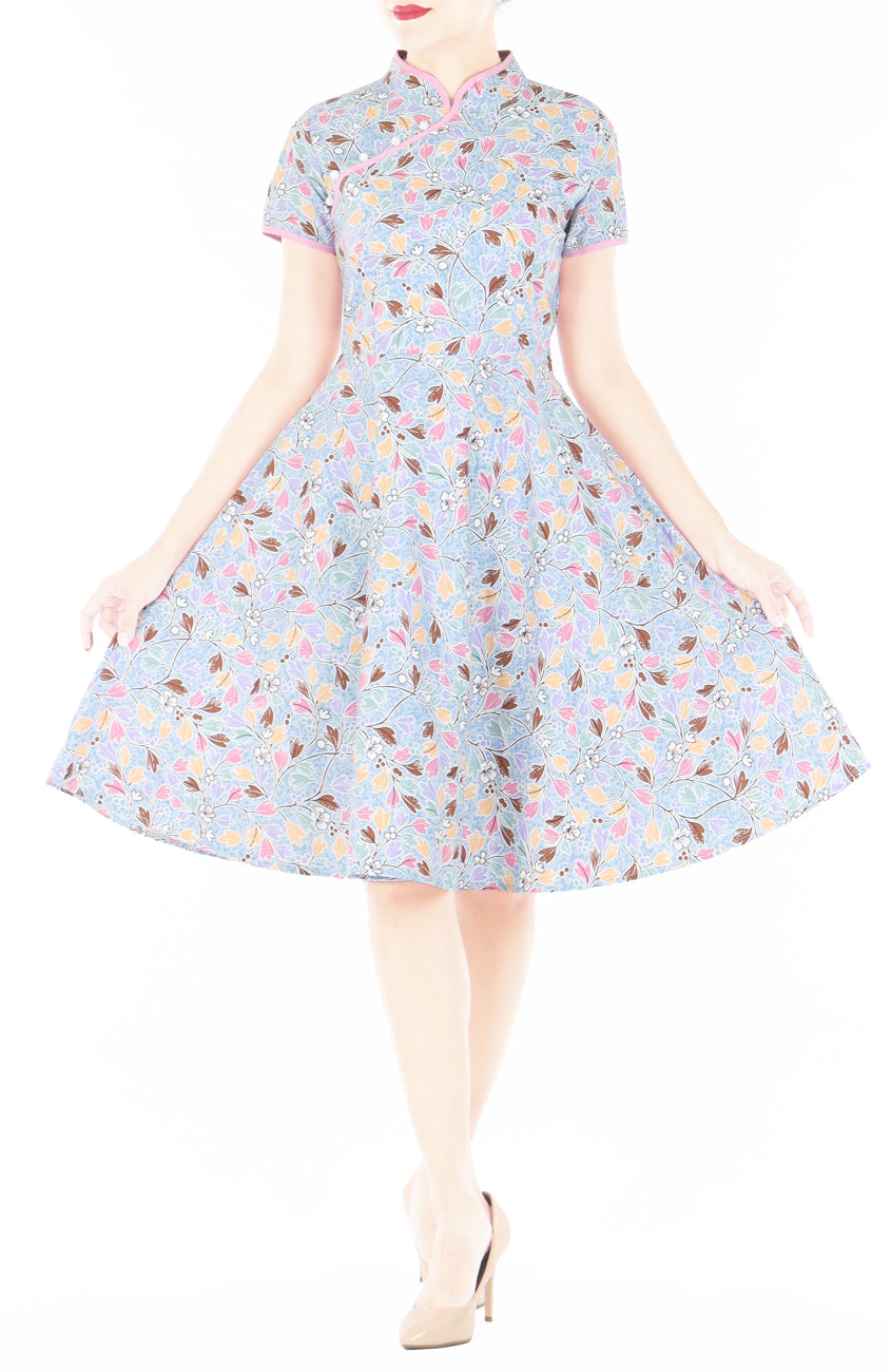 Soigne Sakura Batik Cheongsam with Pearl Buttons - Winter Blue