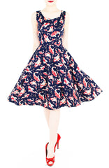 Artful Prosperity Koi Flare Midi Dress - Aegean Blue