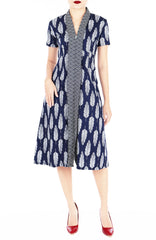 Batik Leaf Lian Kebaya Dress with Obi Belt - Seigaiha Blue