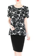 Black Monochrome Rose Blouse with Sleeves