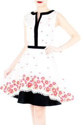 Carmine Daisies Flare Dress with Black Trims - White