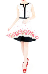 Carmine Daisies Flare Dress with Black Trims - White