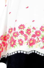 Carmine Daisies Flare Dress with Black Trims - White