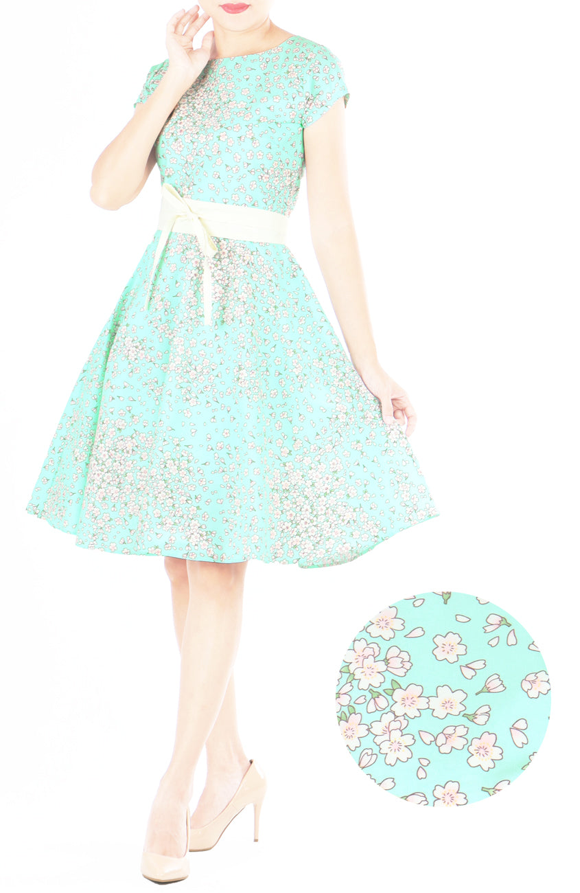Cascading Sakuras Flare Tea Dress - Mint