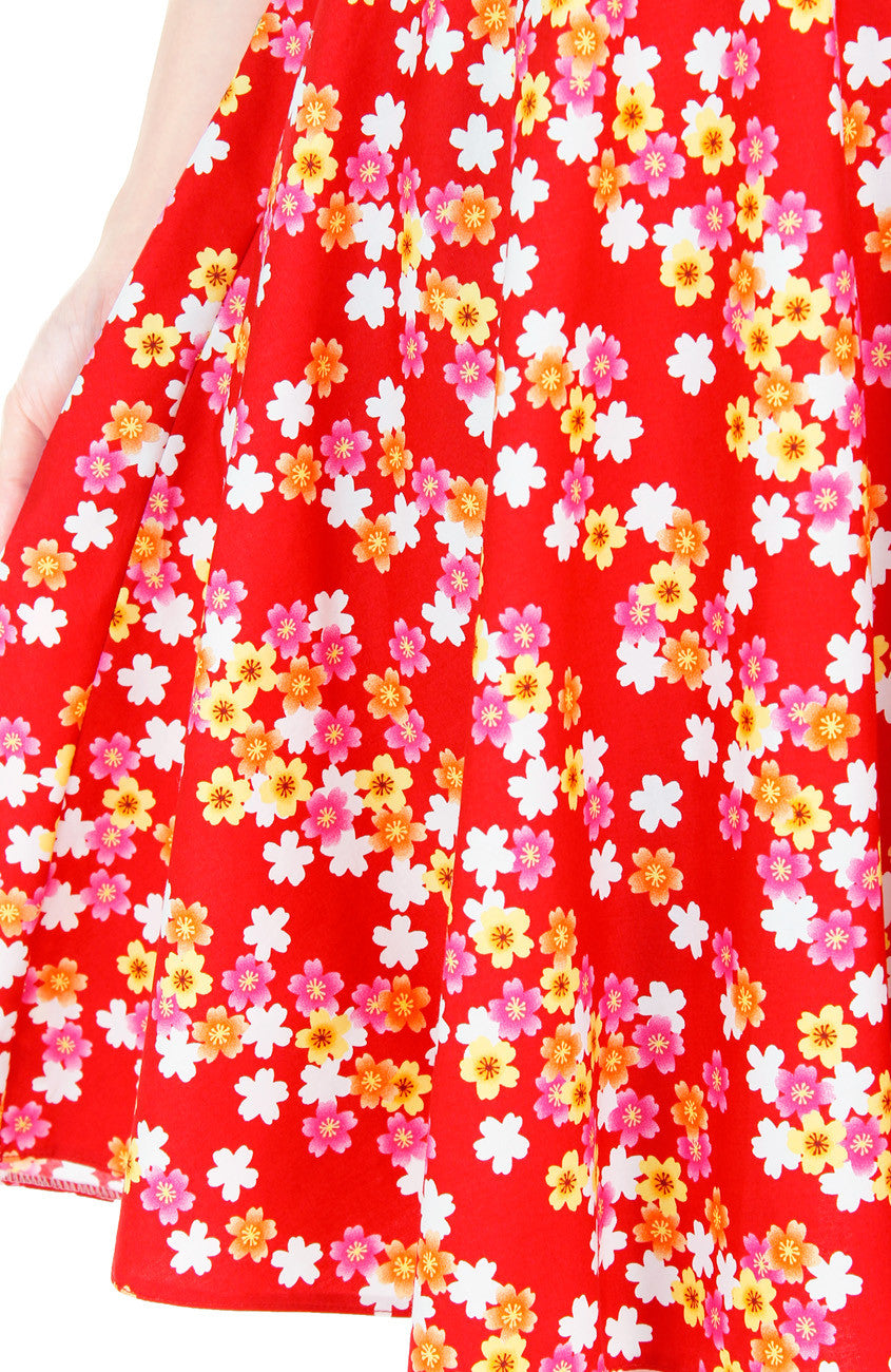 Celebratory Sakura Blooms Flare Midi Dress - Red