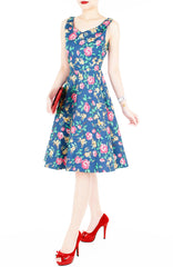 Charming Roses of Hearts Flare Midi Dress - Vintage Blue