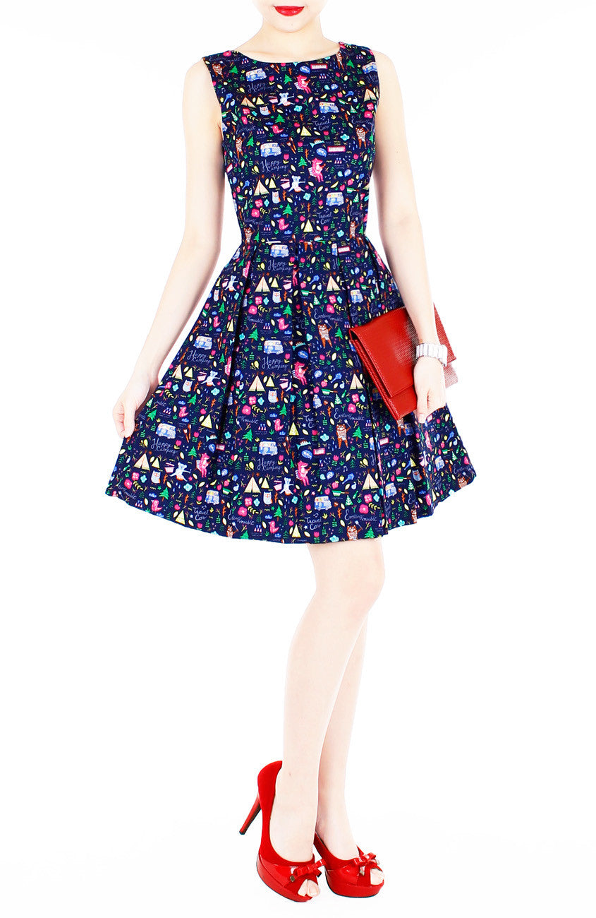 Christmas Whimsy in Wonderland Flare Dress - Midnight Blue