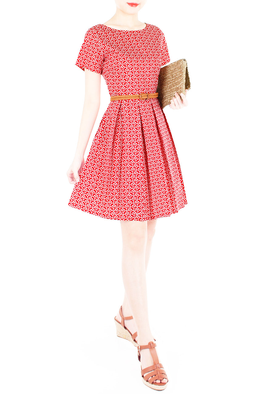 Red Poinsettia Flare Dress with Short Sleeves