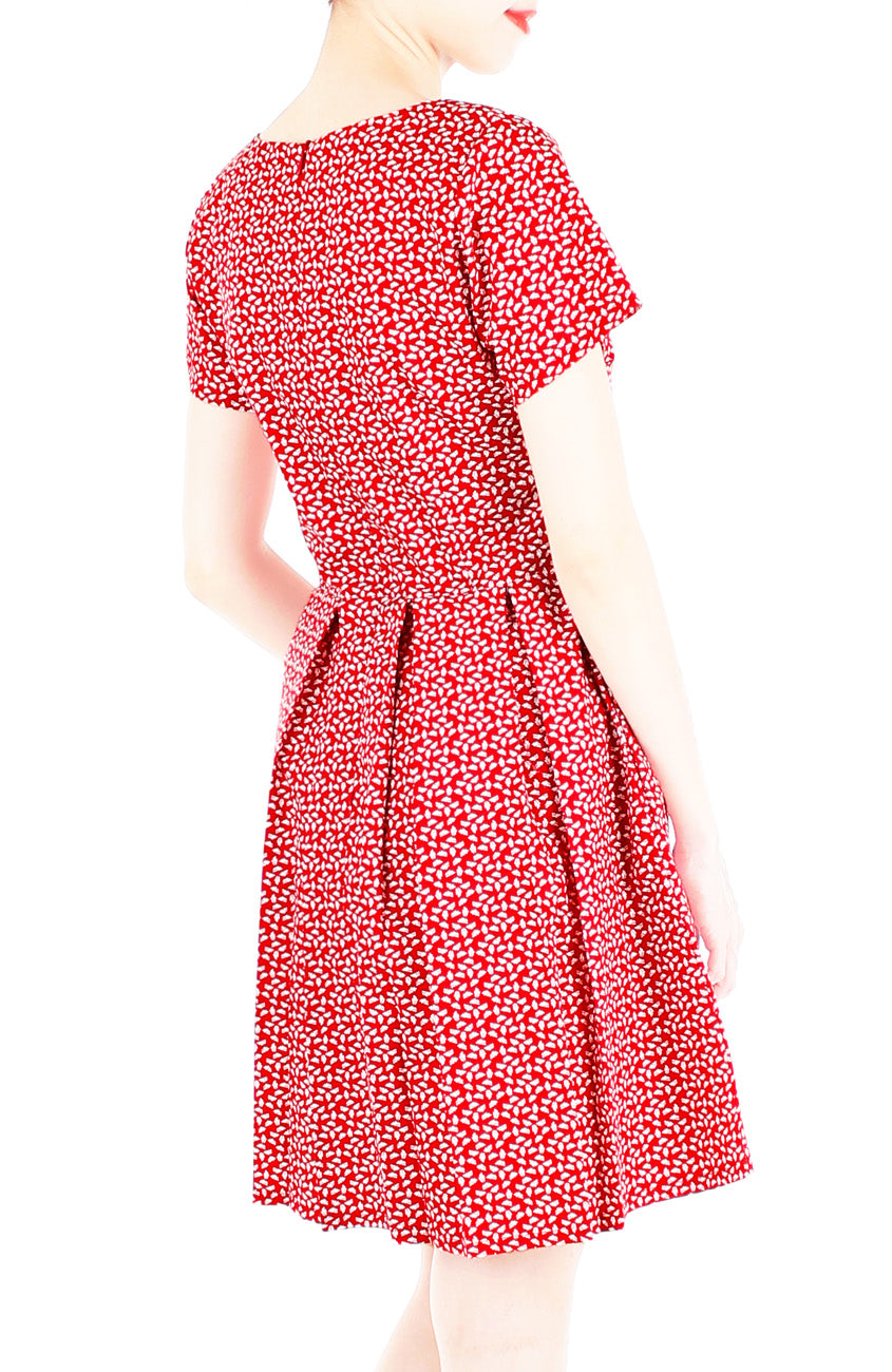 Red Poinsettia Flare Dress with Short Sleeves