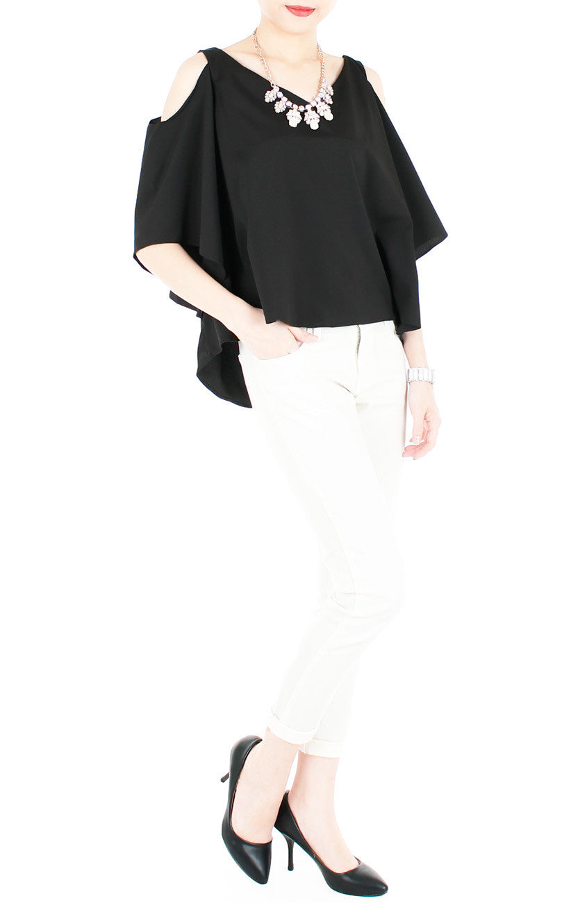 Class to Café Cropped Cold Shoulder Top - Black