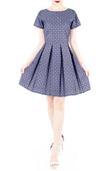 Colonial Spanish Tile Print Flare Dress with Short Sleeves