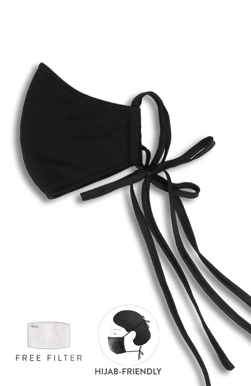 ENCHANTING Pure Cotton Face Mask with Matte Satin Ribbons - Noir Black