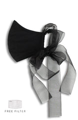 ENCHANTING Pure Cotton Face Mask with Organza Ribbons - Noir Black