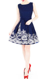 Elegant Moments in Spots & Lace Flare Dress with Obi Belt - Midnight Blue