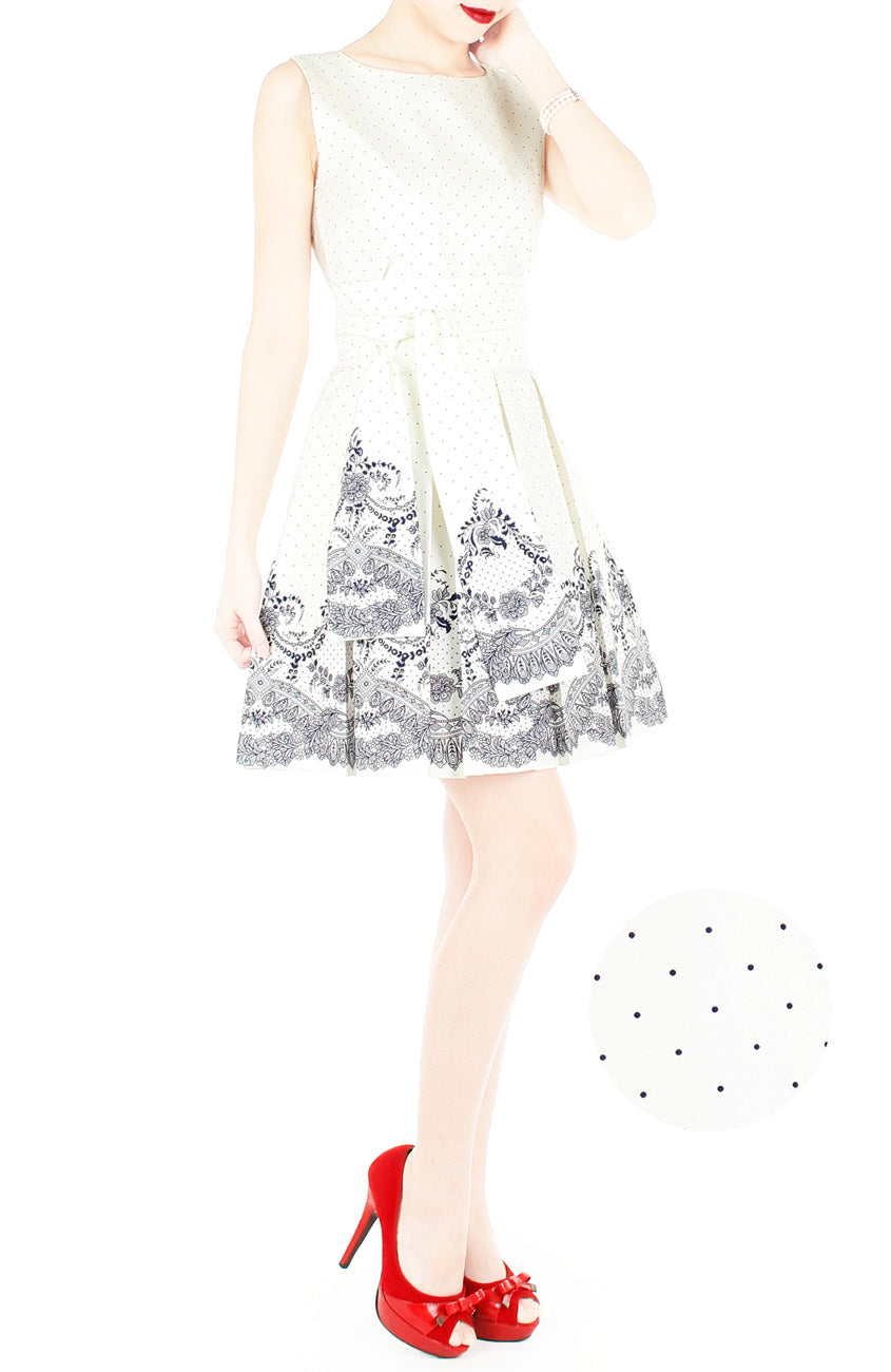 Elegant Moments in Spots & Lace Flare Dress with Obi Belt - White