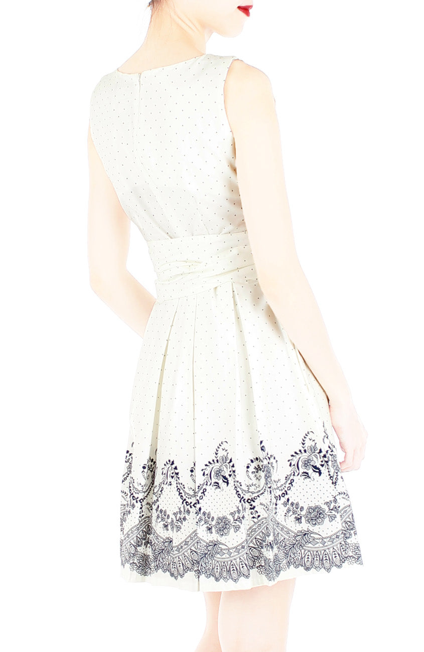 Elegant Moments in Spots & Lace Flare Dress with Obi Belt - White