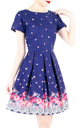 Embracing Rose Grace Flare Dress with Sleeves - Sapphire Blue