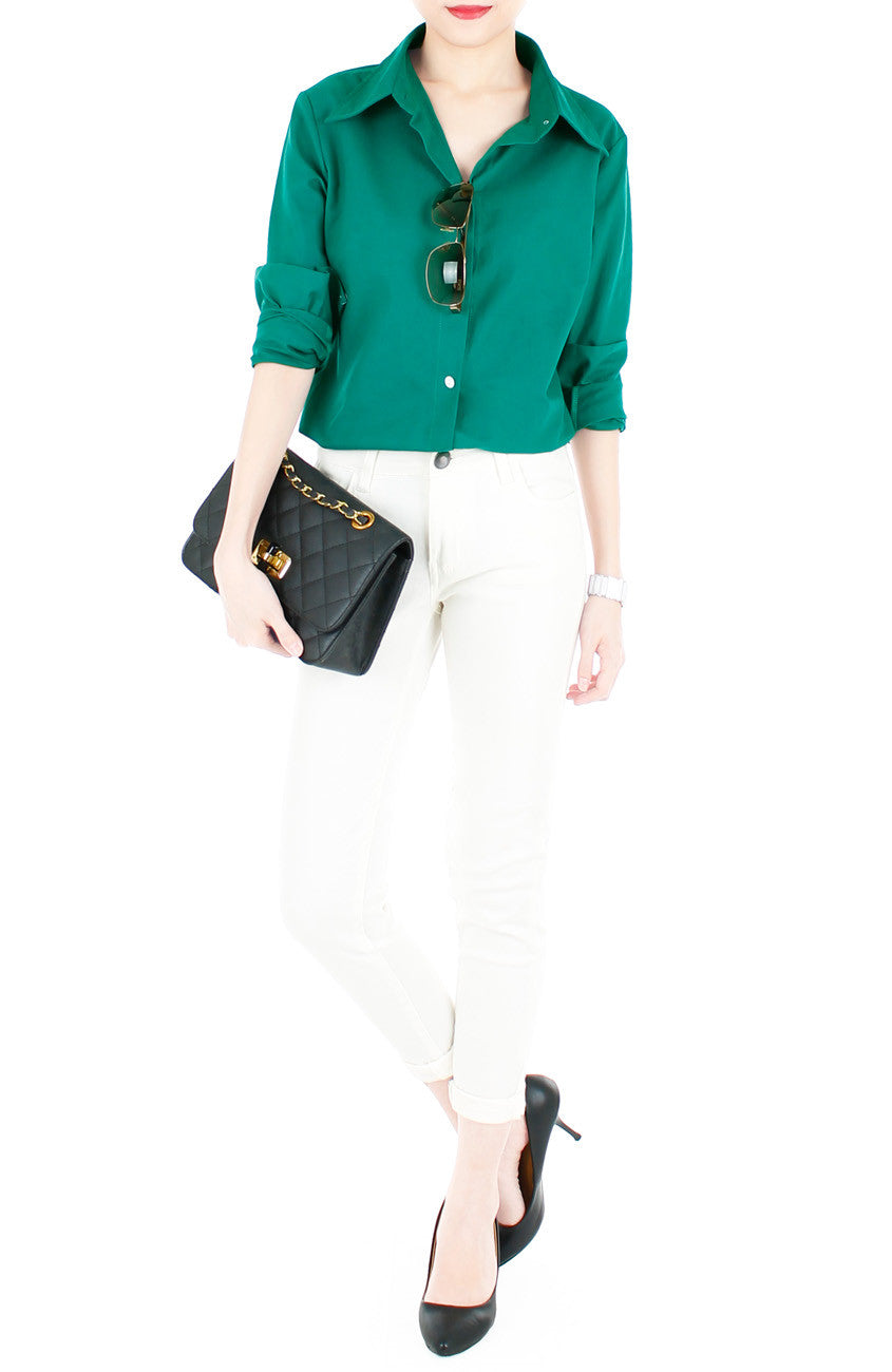 Endless Vacation Boyfriend Long Sleeve Boyfriend Shirt - Emerald Green