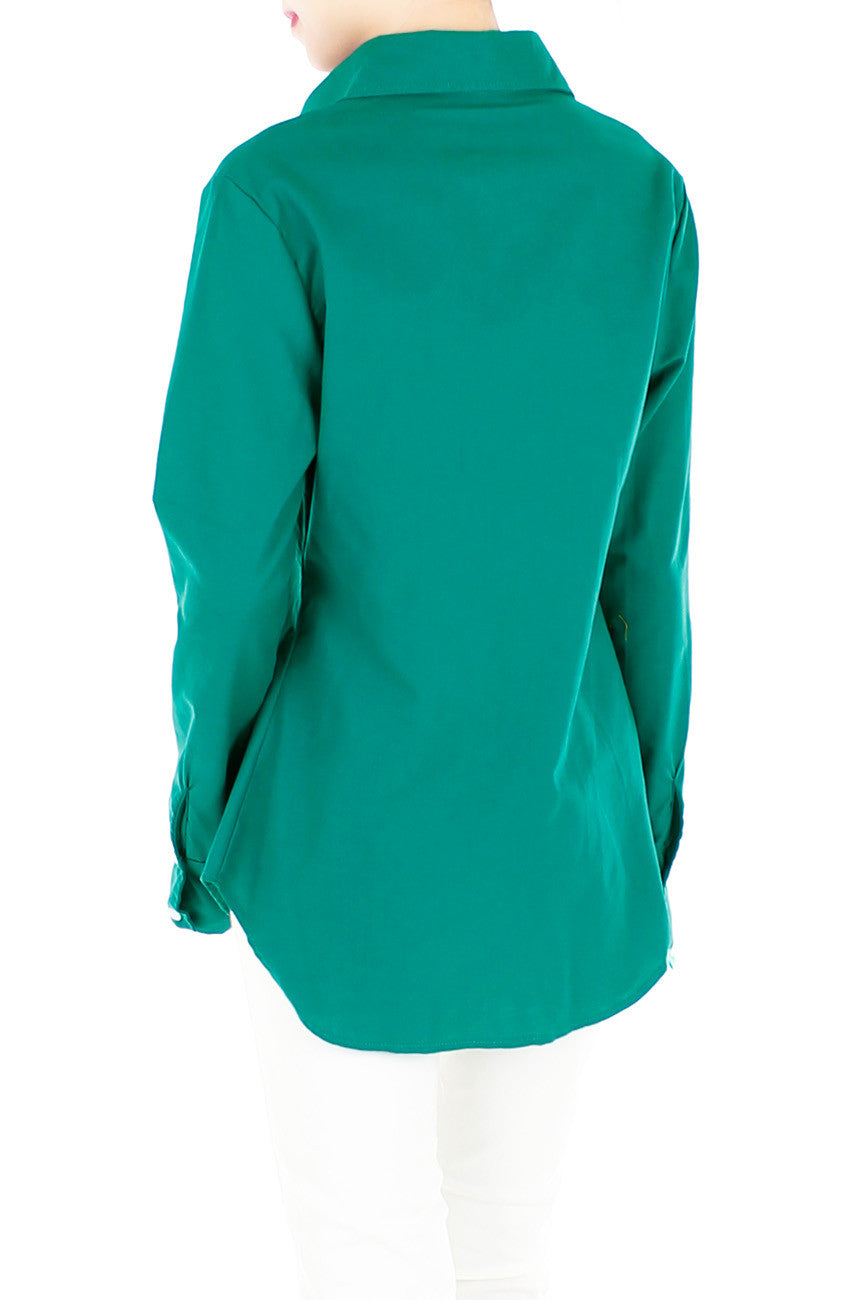 Endless Vacation Boyfriend Long Sleeve Boyfriend Shirt - Emerald Green