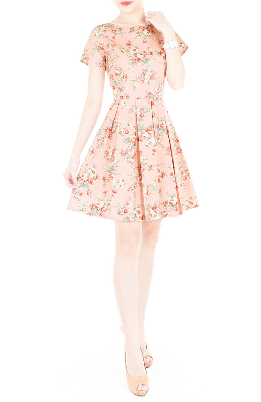 English Rose High-Tea Flare Dress with Short Sleeves - Blush Pink