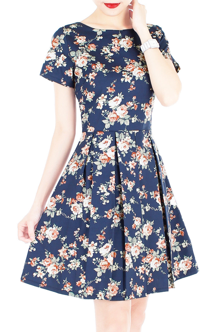 English Rose High-Tea Flare Dress with Short Sleeves - Dark Blue