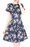 English Rose High-Tea Flare Dress with Short Sleeves - Dark Blue