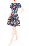 English Rose High-Tea Flare Dress with Short Sleeves - Dark Blue