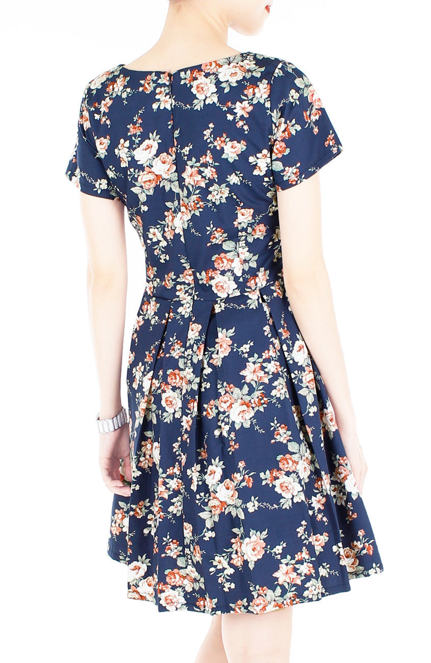 English Rose High-Tea Flare Dress with Short Sleeves - Dark Blue
