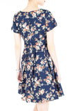 English Rose High-Tea Flare Dress with Short Sleeves - Dark Blue