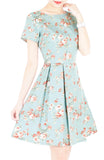 English Rose High-Tea Flare Dress with Short Sleeves - Powder Blue