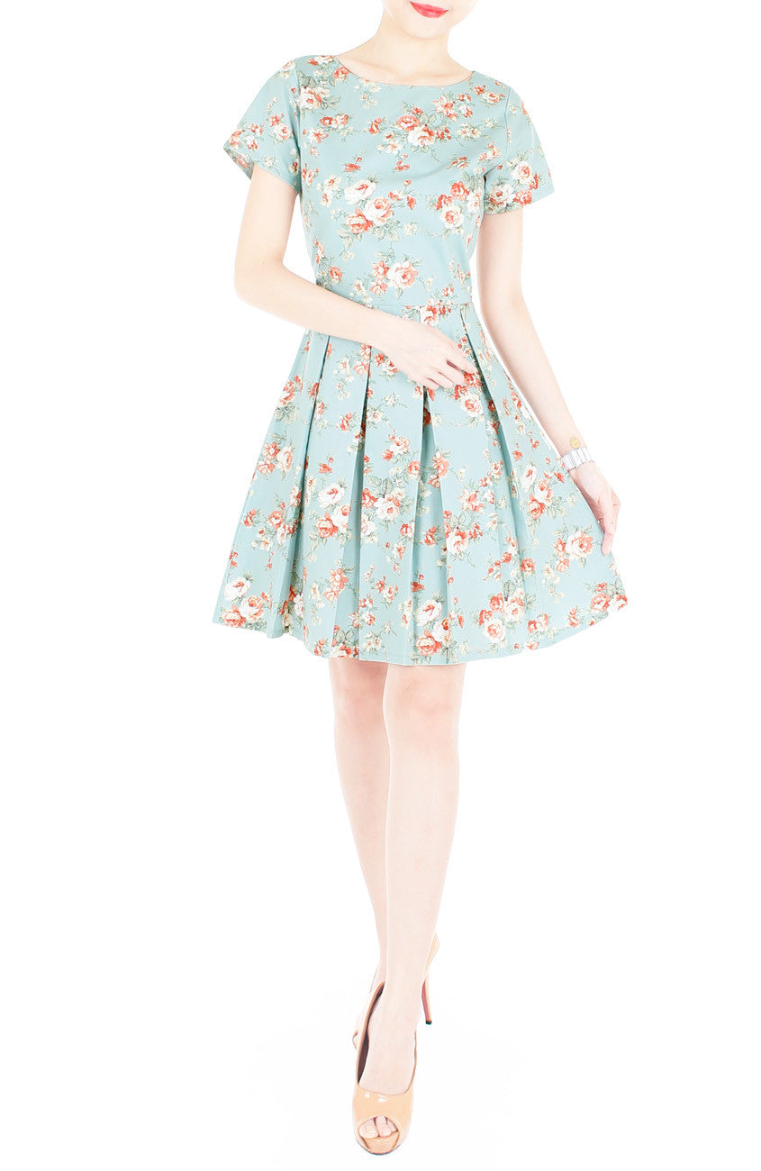 English Rose High-Tea Flare Dress with Short Sleeves - Powder Blue