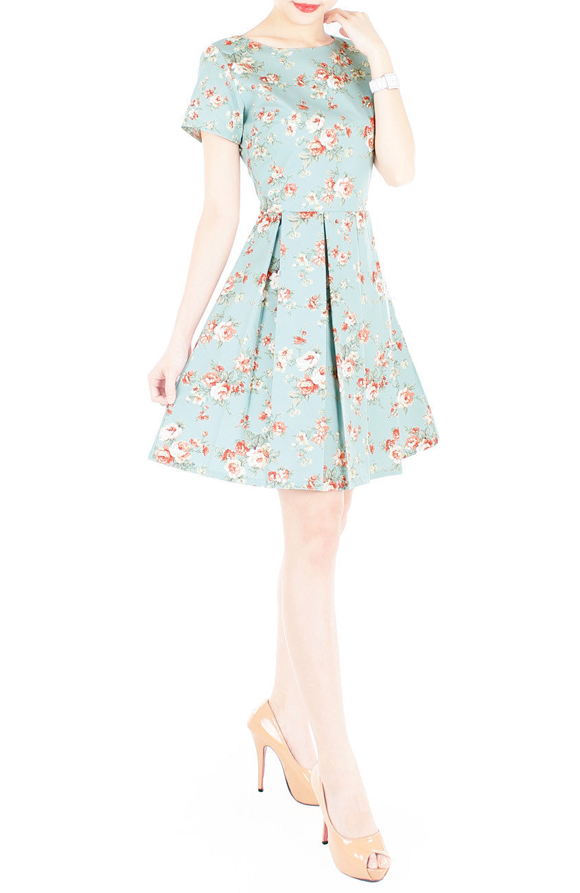 English Rose High-Tea Flare Dress with Short Sleeves - Powder Blue