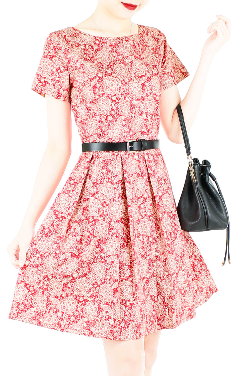 Ethereal Lace Lattice Flare Dress with Short Sleeves
