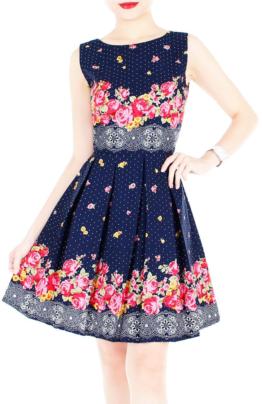 Falling Rose Blooms Flare Dress - Dark Blue