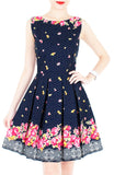 Falling Rose Blooms Flare Dress - Dark Blue