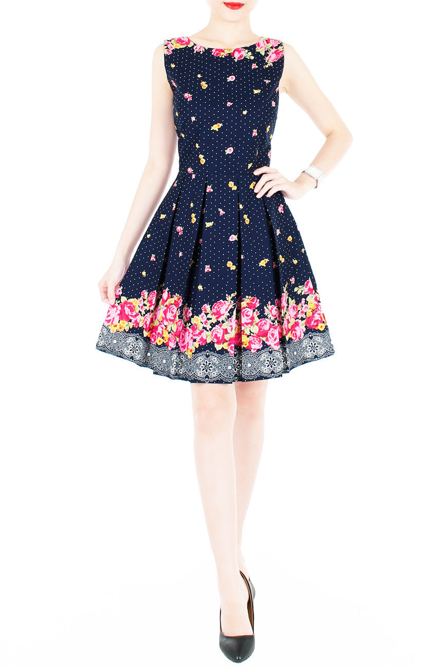 Falling Rose Blooms Flare Dress - Dark Blue