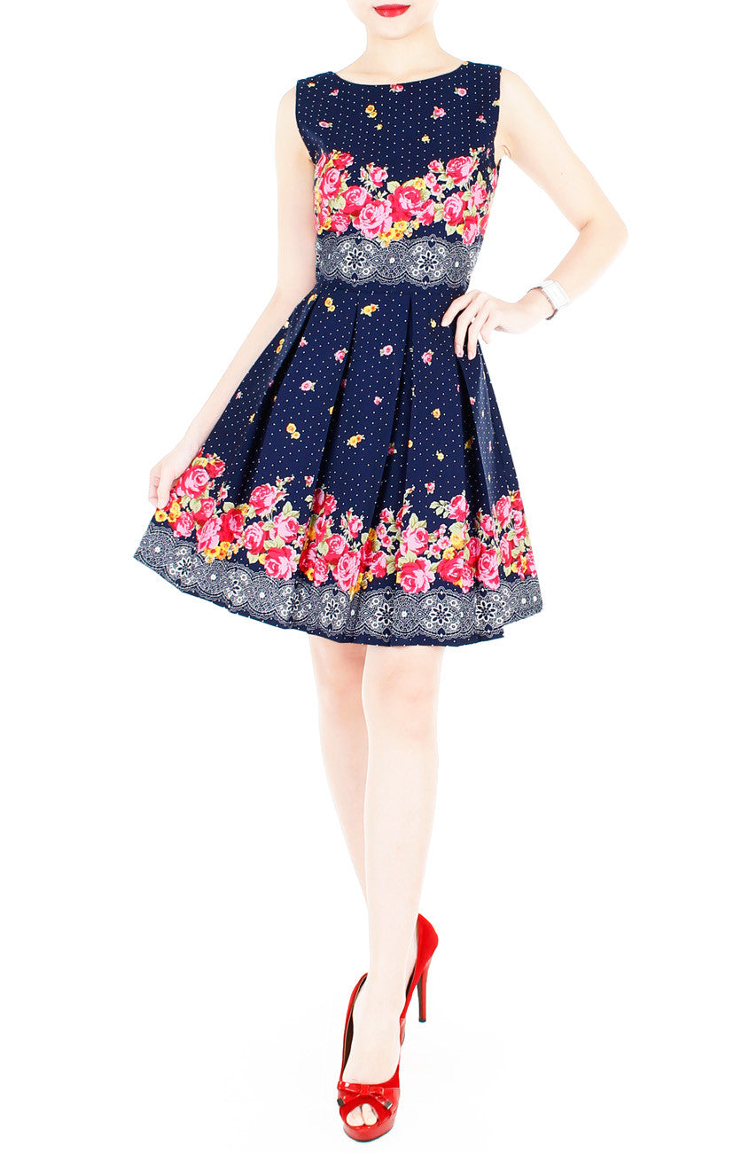 Falling Rose Blooms Flare Dress - Dark Blue