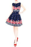 Falling Rose Blooms Flare Dress - Dark Blue