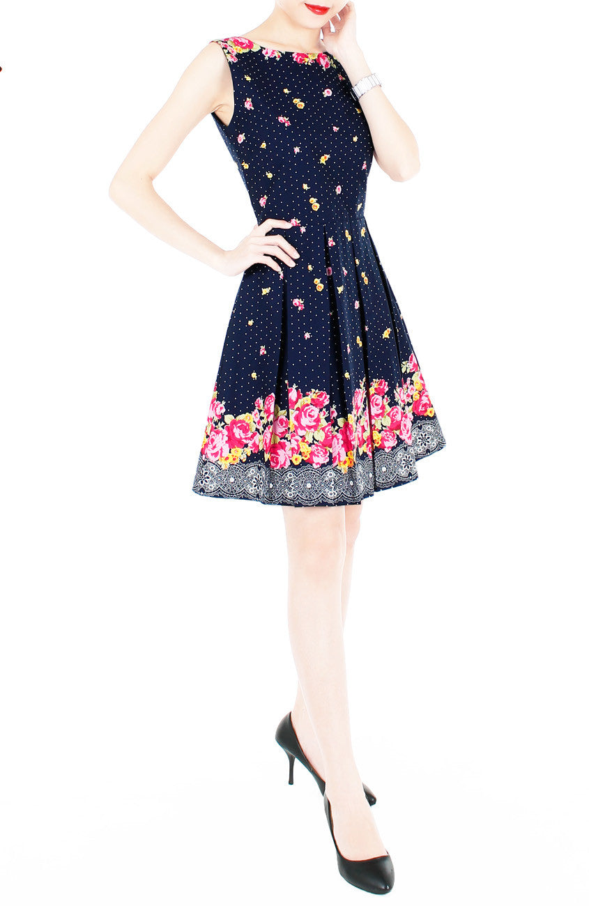 Falling Rose Blooms Flare Dress - Dark Blue