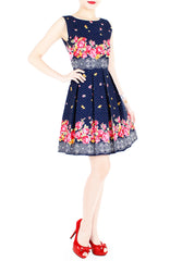 Falling Rose Blooms Flare Dress - Dark Blue