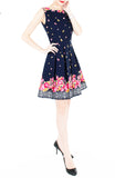 Falling Rose Blooms Flare Dress - Dark Blue