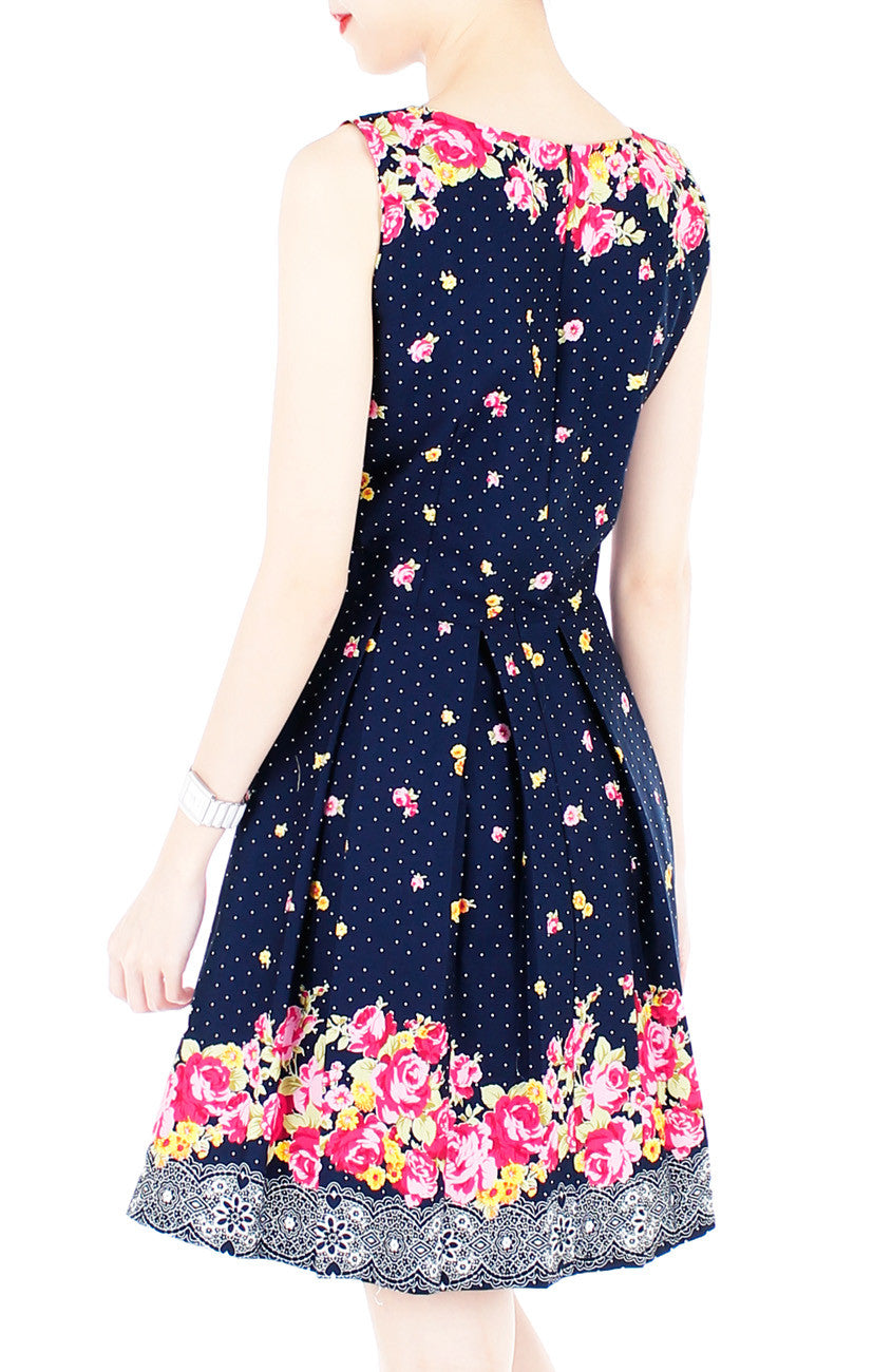 Falling Rose Blooms Flare Dress - Dark Blue