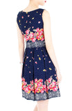 Falling Rose Blooms Flare Dress - Dark Blue