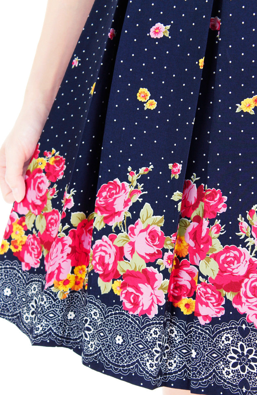 Falling Rose Blooms Flare Dress - Dark Blue