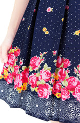 Falling Rose Blooms Flare Dress - Dark Blue