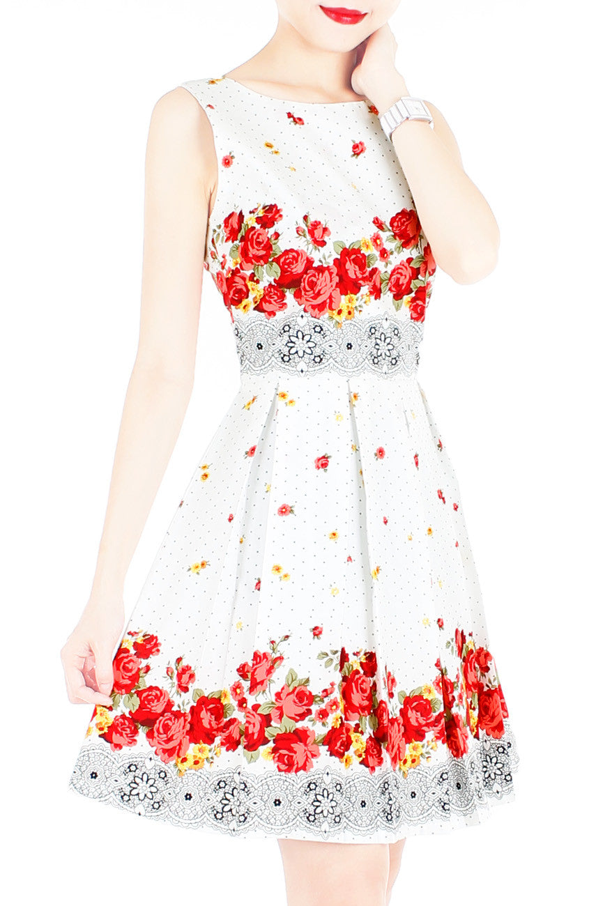 Falling Rose Blooms Flare Dress - White