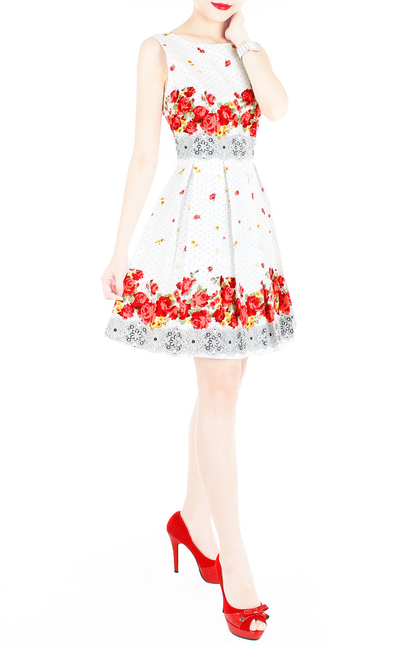 Falling Rose Blooms Flare Dress - White