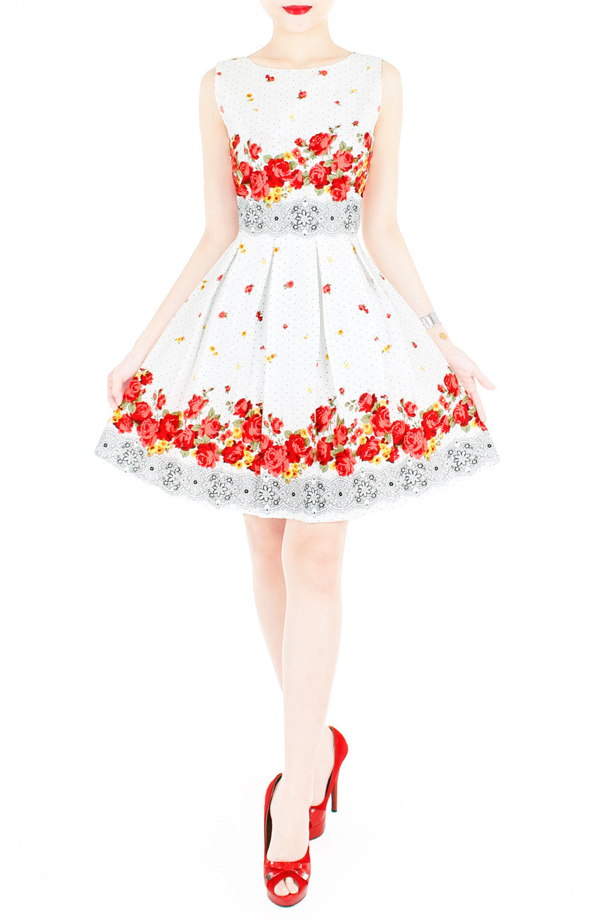 Falling Rose Blooms Flare Dress - White