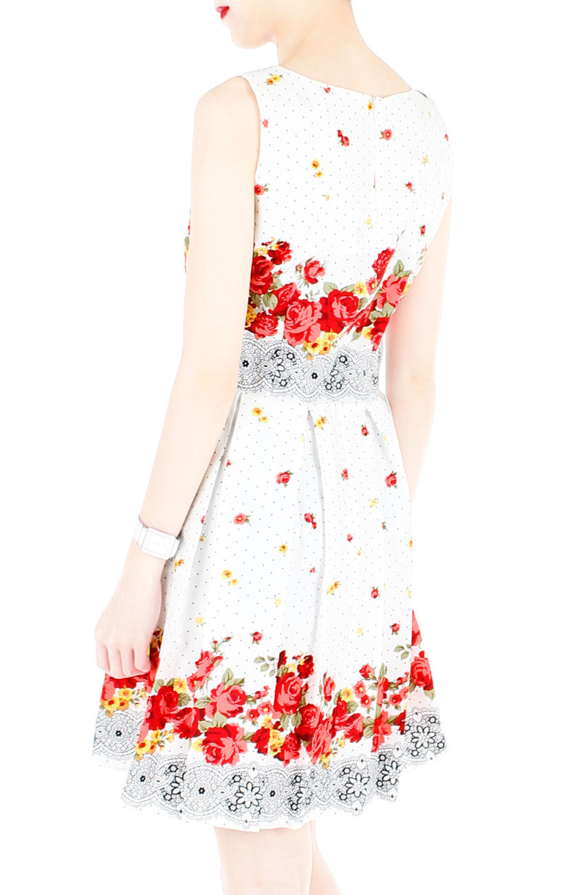 Falling Rose Blooms Flare Dress - White
